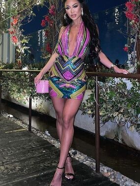 Fashion Nova Multicolor Sequin Backless Halter Mini Dress - Pink & Green